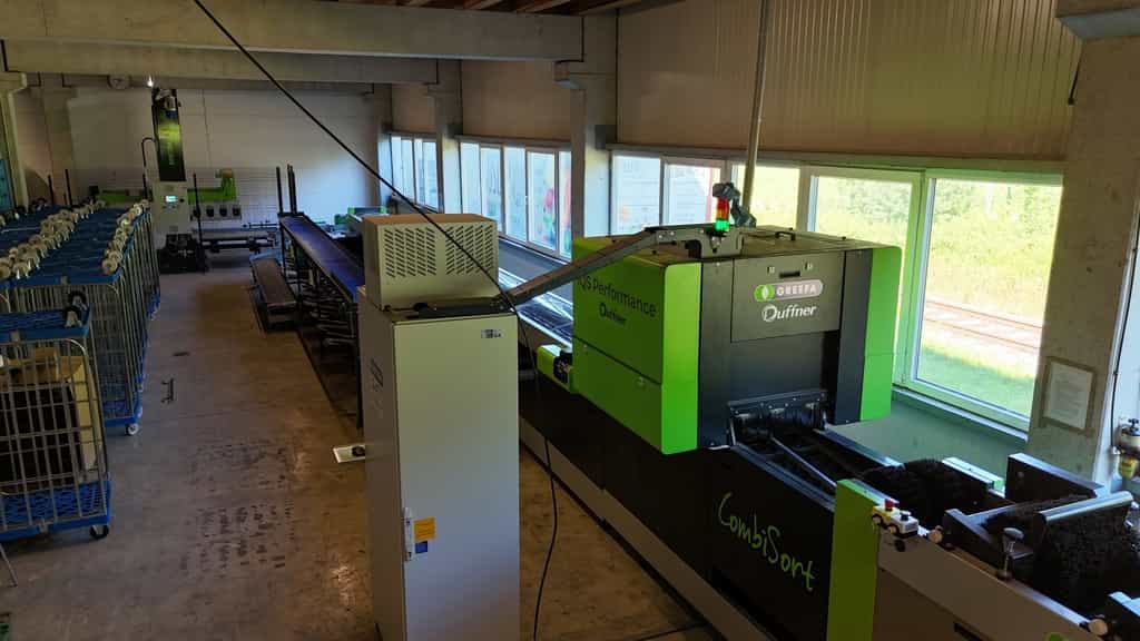 Greefa CombiSort fruit- en appelsorteermachine 2 lijnen met waterdumper, automatische dozenvullers en palletiseerder