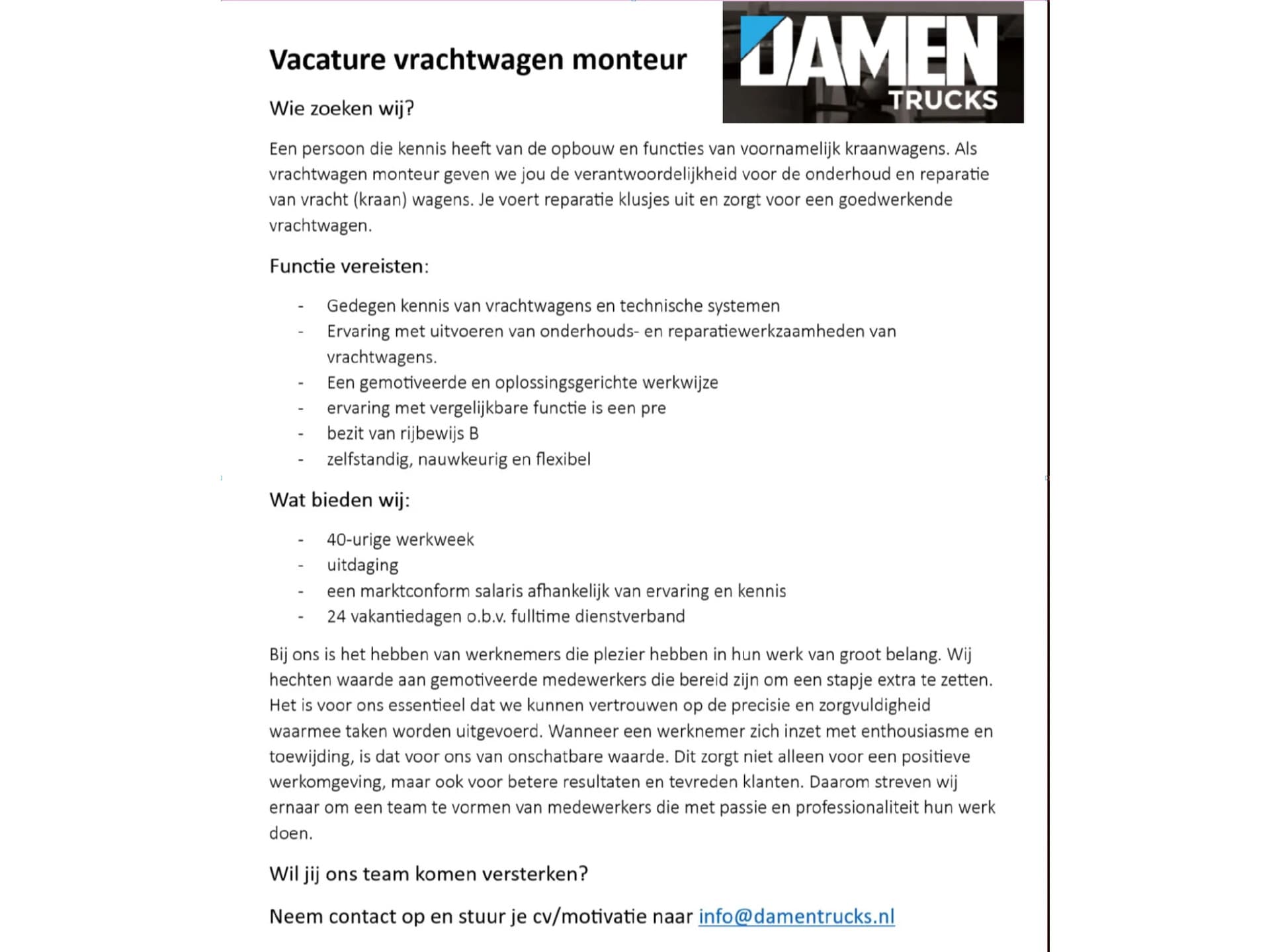 Foto 1 van Vacature vrachtwagen monteur / Zatrudnię mechanika samochodów ciężarowych / Вакансія механіка вантажних автомобілів Damen Trucks BV Vacature vrachtwagen monteur / Zatrudnię mechanika samochodów ciężarowych / Вакансія механ